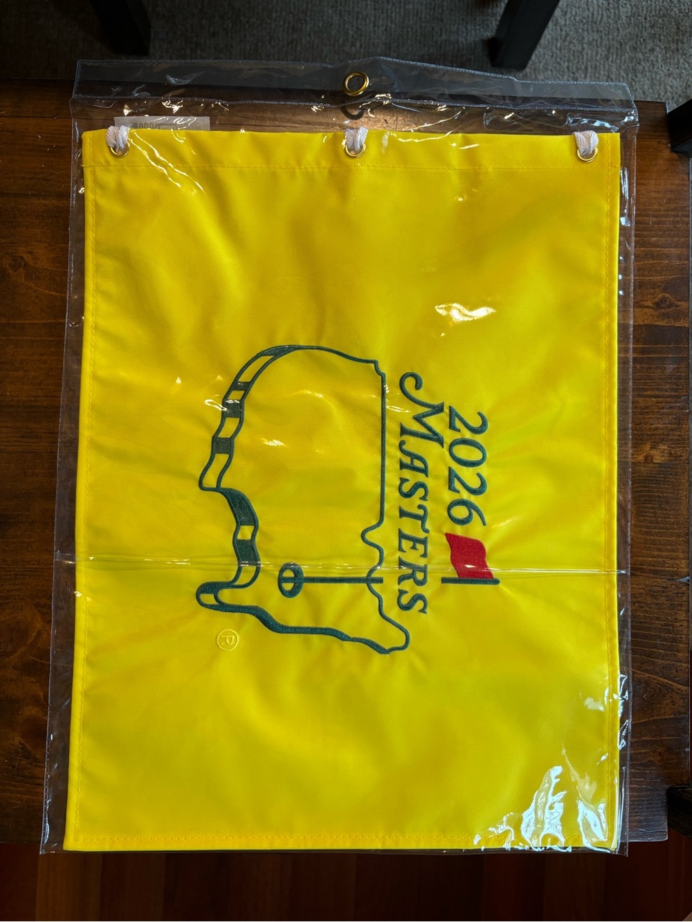 Masters Yellow 2026 Golf Flag with Green and Red Logo